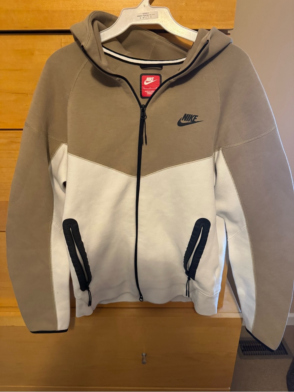 Kids S Nike Tech Taupe and White Zip Hoodie with Black Swoosh